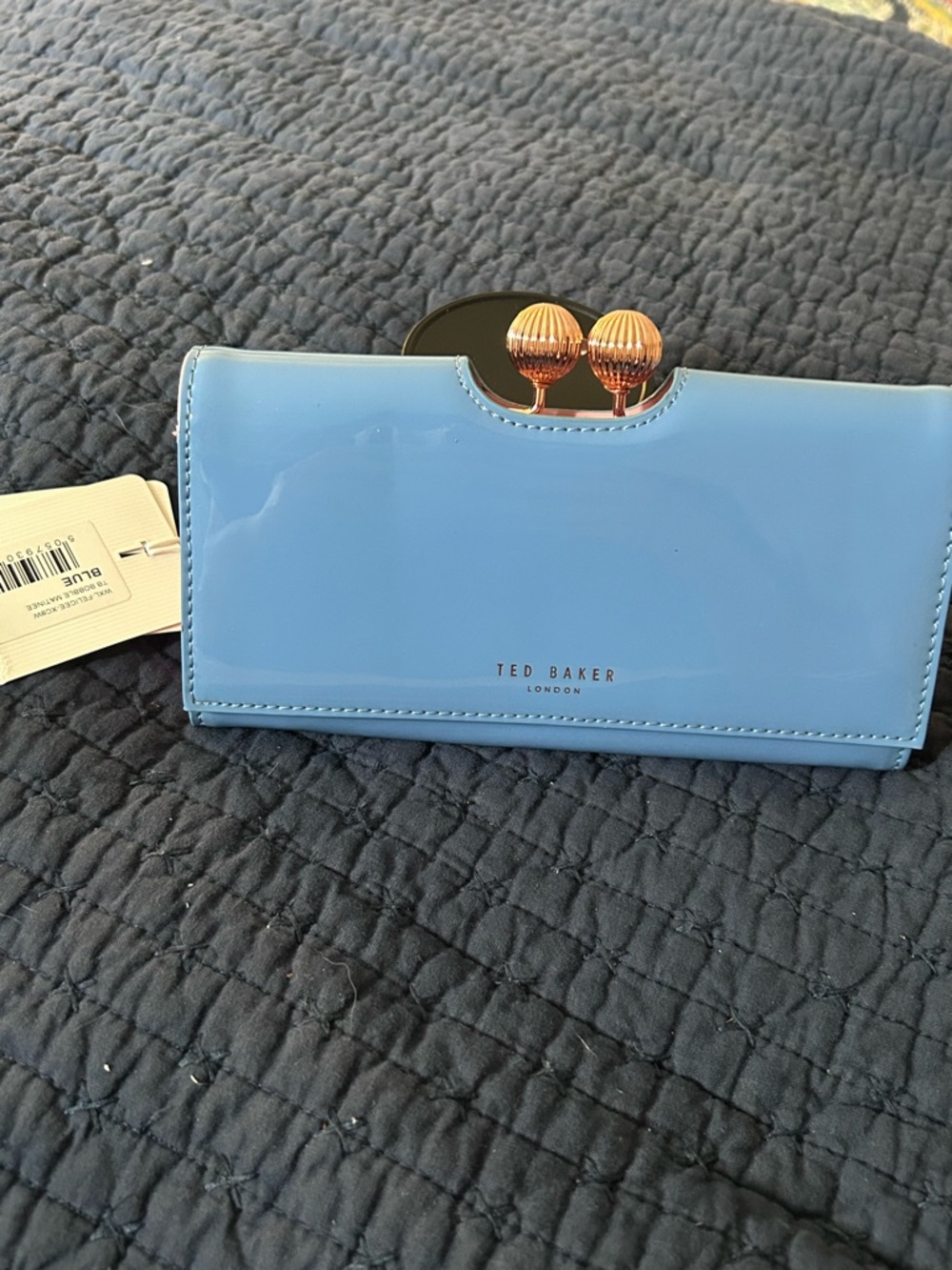 Ted Baker Light Blue Patent Clasp Wallet with Rose-Gold Detail